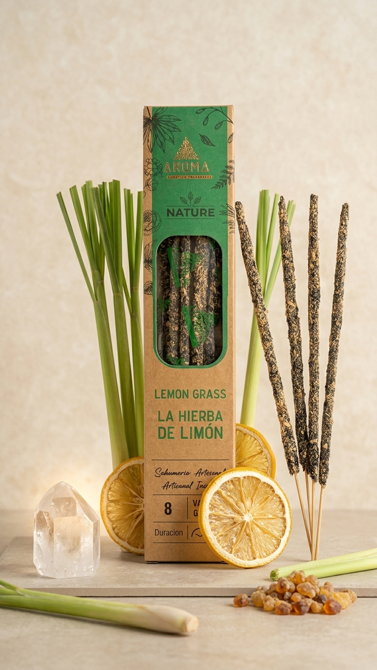 12 Cajetillas Incienso de Hierba de Limón Energizante – Activa tu Día con Aroma Fresco y Natural | 100% Natural, Sin Químicos, Calidad Premium【20g · 8 Varillas aprox】