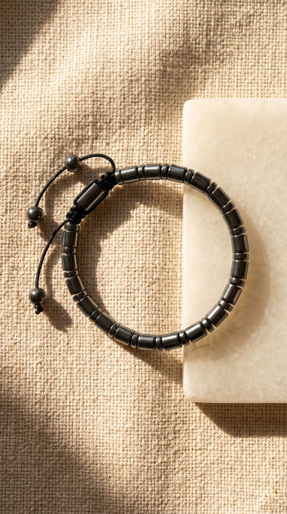 Pulsera Magnética Shamballa de Hematita (Círculos y Cilindros): Armonía Absoluta, Protección Espiritual y Enfoque Mental (Mineral Natural)