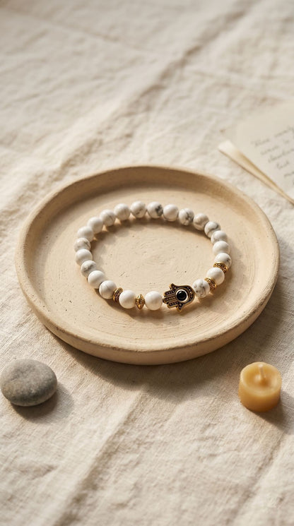 Pulsera de Piedra Preciosa (Hamsa de Oro / Piedra Blanca): Protección Divina, Claridad Espiritual y Elegancia Radiante (Mineral Natural)