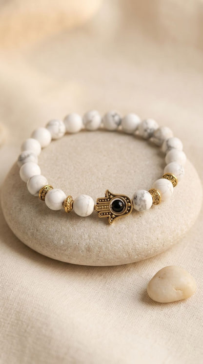Pulsera de Piedra Preciosa (Hamsa de Oro / Piedra Blanca): Protección Divina, Claridad Espiritual y Elegancia Radiante (Mineral Natural)