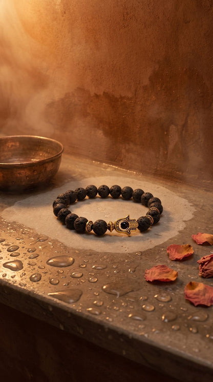 Pulsera de Piedra Preciosa (Hamsa de Oro / Piedra de Lava): Protección Inquebrantable, Fuerza Telúrica y Éxito Absoluto (Mineral Natural)