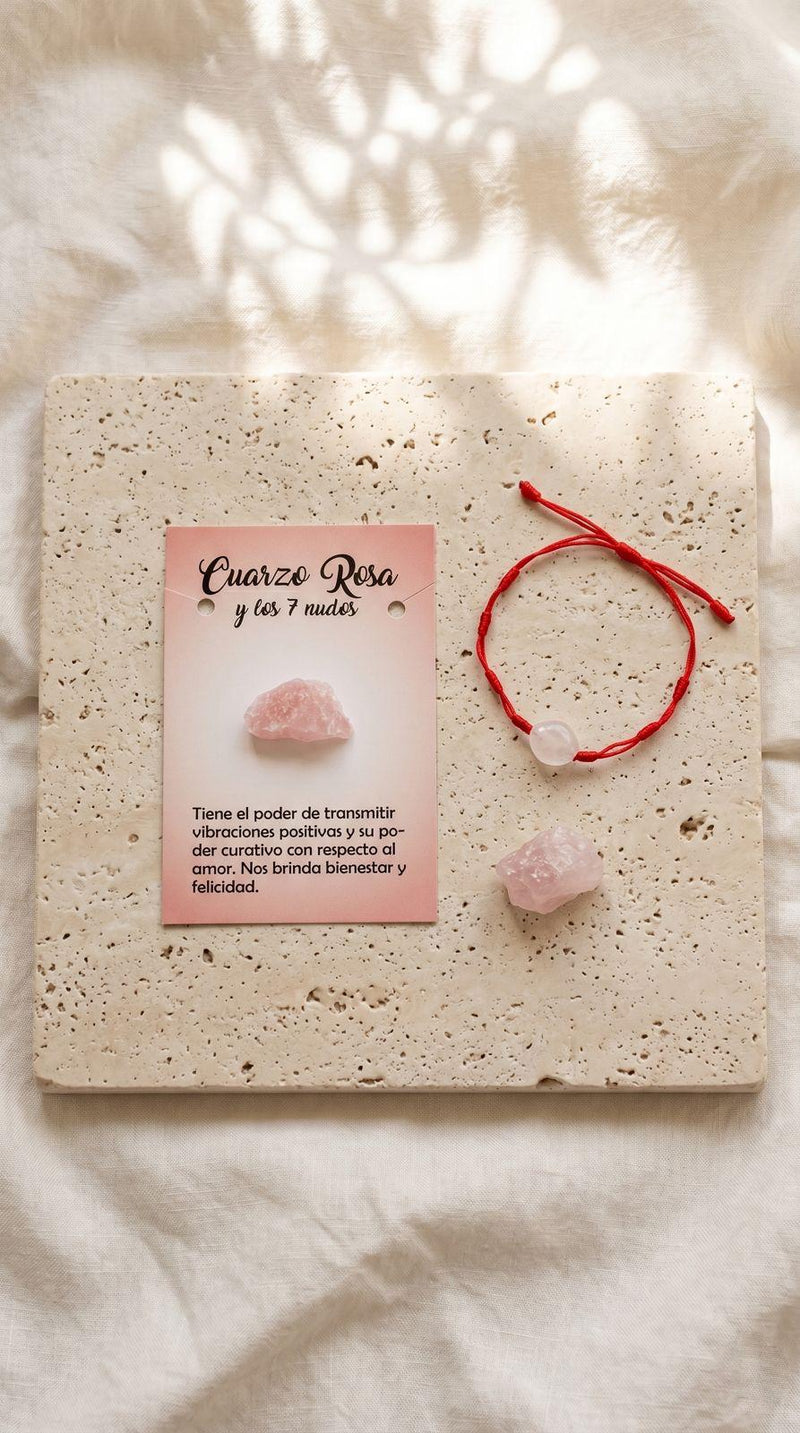 Pulsera de Piedra Preciosa (7 Nudos con Cuarzo Rosa): Amor Incondicional, Paz Interior y Armonía Relacional (Mineral Natural)