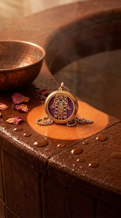 Collar de Joyería de Aromaterapia (Hamsa Chakra - 30mm): Protección Celestial, Alineación Bioenergética y Calma Portátil (Acero Inoxidable)