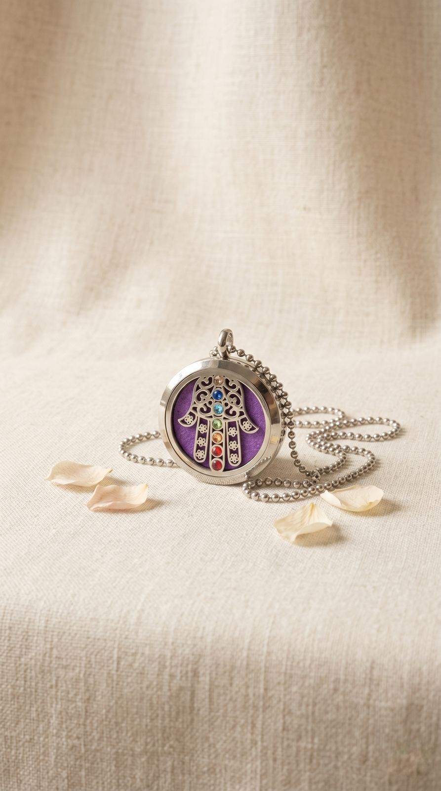 Collar de Joyería de Aromaterapia (Hamsa Chakra - 30mm): Protección Celestial, Alineación Bioenergética y Calma Portátil (Acero Inoxidable)