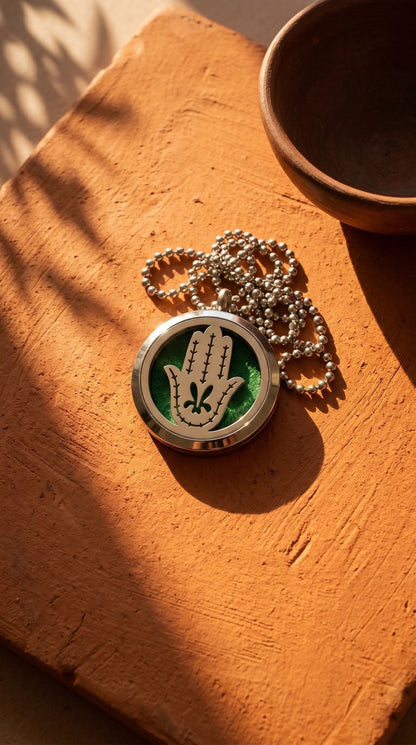 Collar de Joyería de Aromaterapia (Mano de Fátima - 30mm): Protección Ancestral, Bendición Cósmica y Calma Portátil (Acero Inoxidable)
