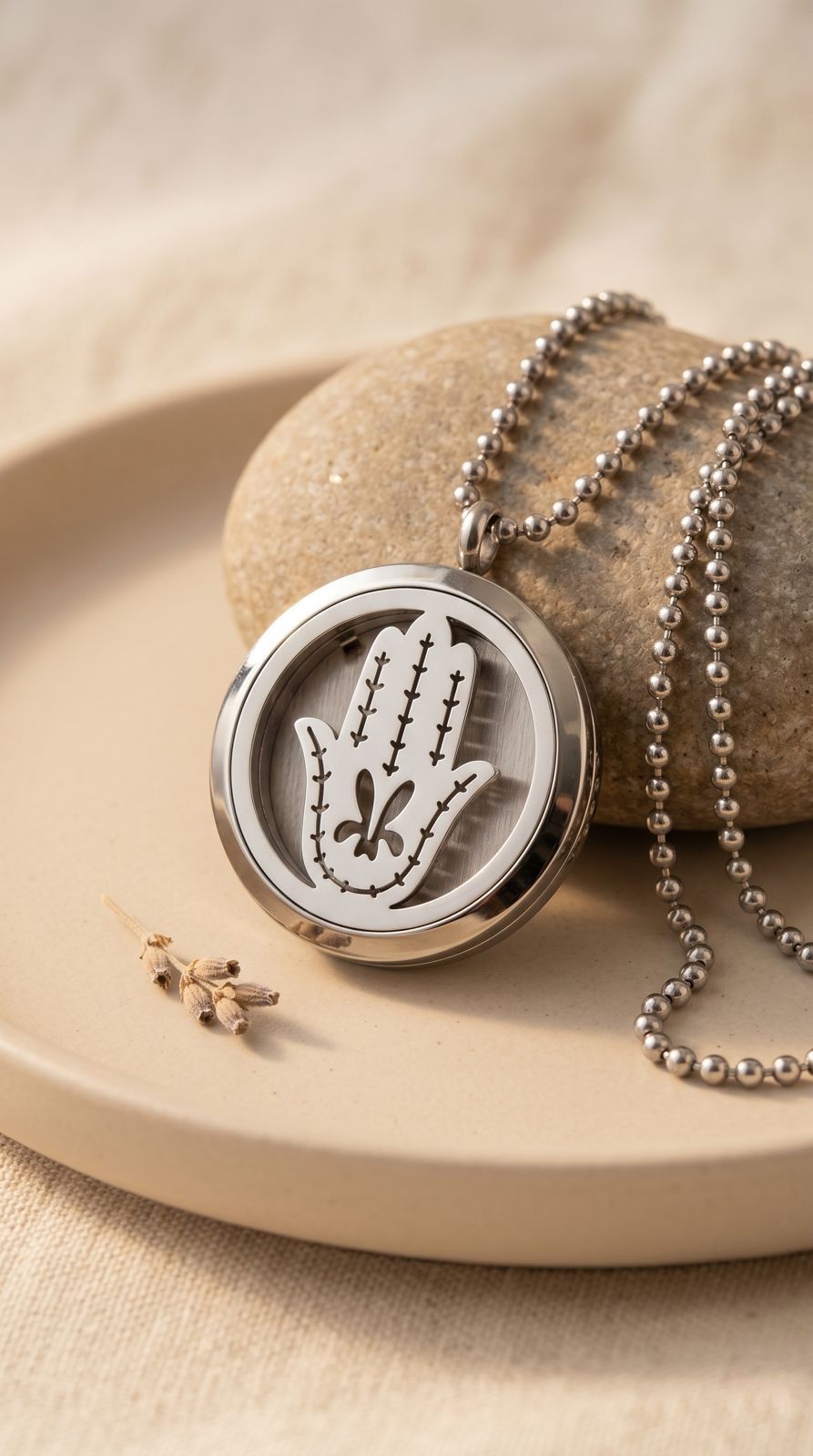 Collar de Joyería de Aromaterapia (Mano de Fátima - 30mm): Protección Ancestral, Bendición Cósmica y Calma Portátil (Acero Inoxidable)