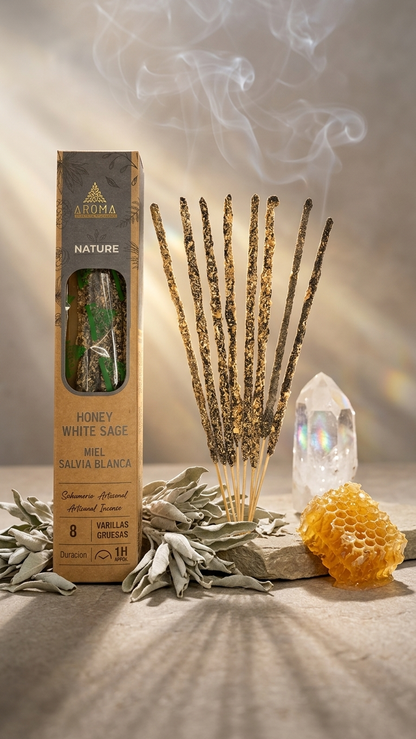 Incienso de Miel y Salvia Blanca – Eleva tu Vibración y Endulza el Alma | 100% Natural, Sin Químicos, Calidad Premium 【20g · 8 Varillas aprox】