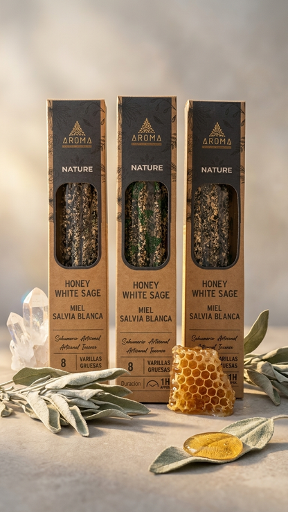 6 Cajetillas Incienso de Miel y Salvia Blanca – Eleva tu Vibración y Endulza el Alma | 100% Natural, Sin Químicos, Calidad Premium 【20g · 8 Varillas aprox】