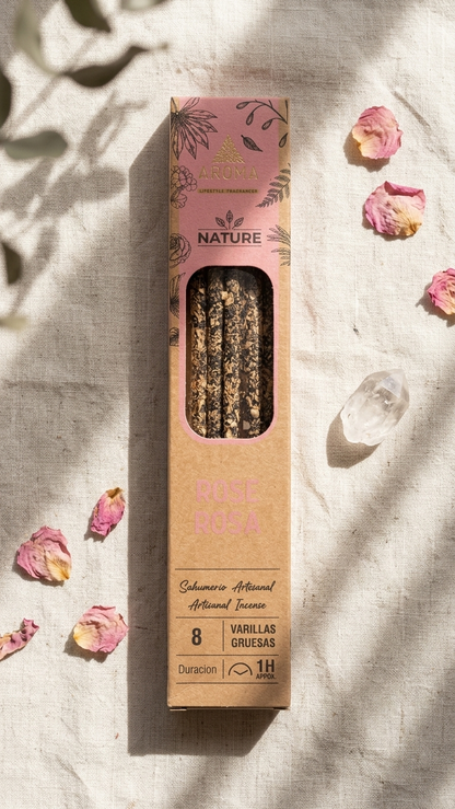 12 Cajetillas Incienso de Rosa – Amor Propio y Apertura del Corazón | 100% Natural, Sin Químicos, Calidad Premium 【20g · 8 Varillas aprox】