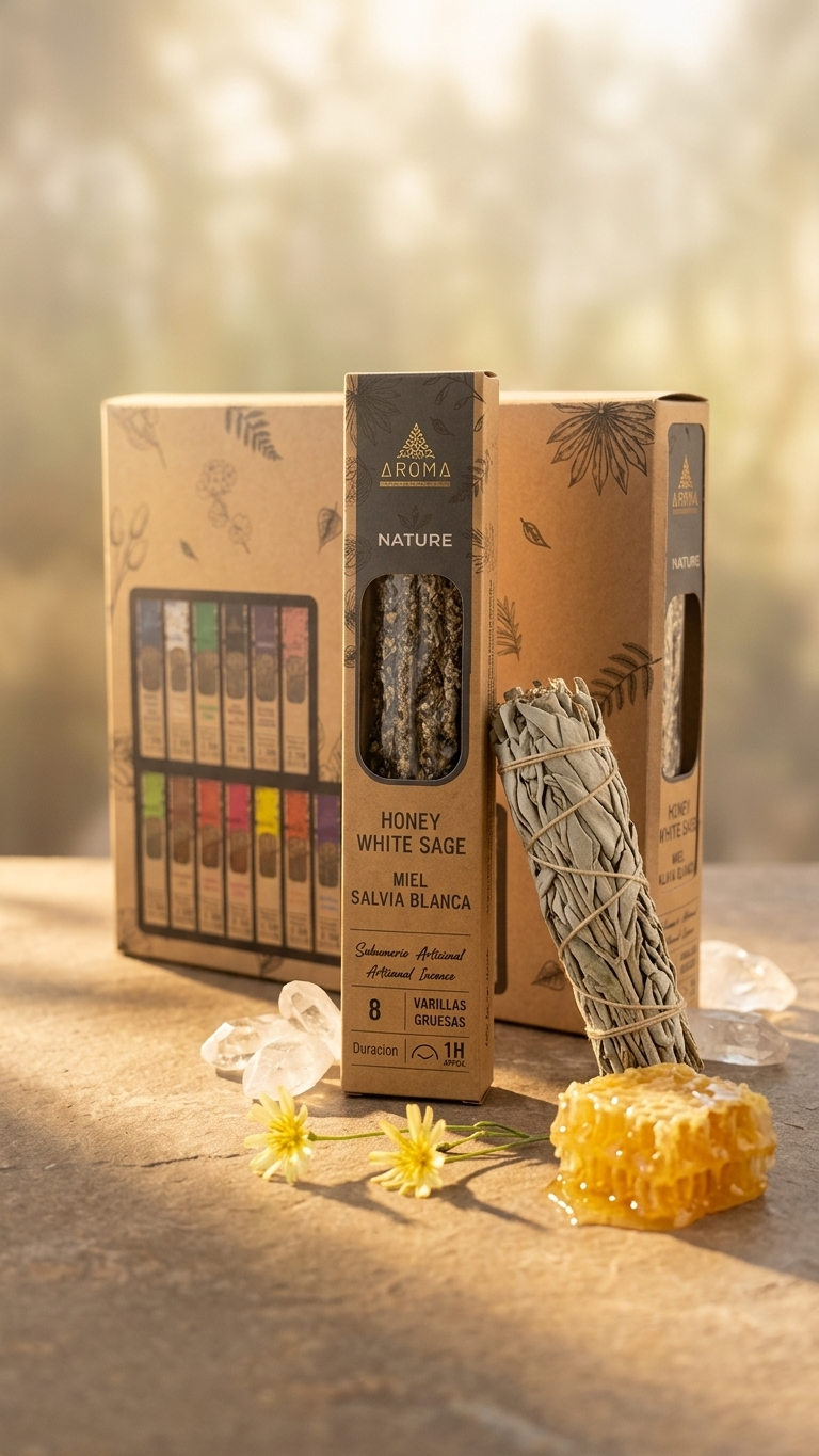 12 Cajetillas Incienso de Miel y Salvia Blanca – Eleva tu Vibración y Endulza el Alma | 100% Natural, Sin Químicos, Calidad Premium 【20g · 8 Varillas aprox】