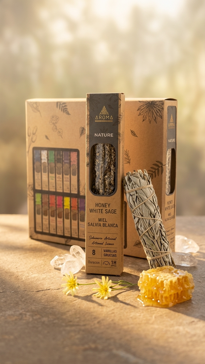 12 Cajetillas Incienso de Miel y Salvia Blanca – Eleva tu Vibración y Endulza el Alma | 100% Natural, Sin Químicos, Calidad Premium 【20g · 8 Varillas aprox】