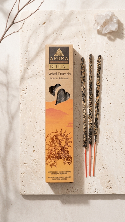 Incienso Ritual Árbol Dorado (Árbol Dorado) – Sabiduría Interior y Expansión de la Consciencia | Cajita de 20g con Mensaje Inspirador
